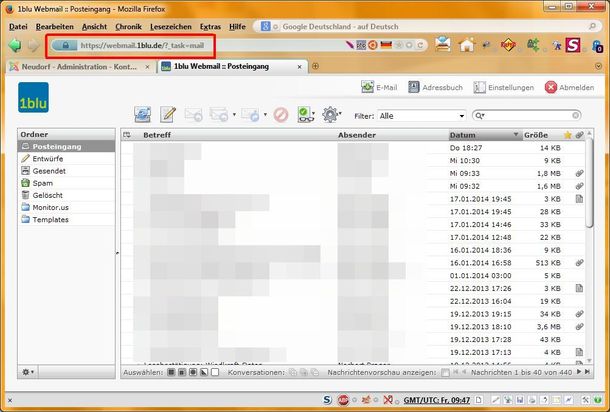 Posteingang beim Webmailer von 1blu (Betreff und Absender verwischt) Webmailer bei 1blu