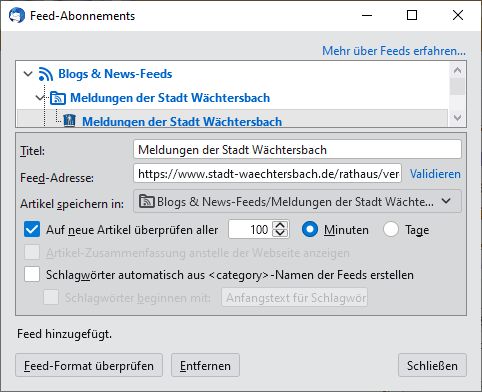 Feed ist abonniert und heruntergeladen Feed ist abonniert und heruntergeladen