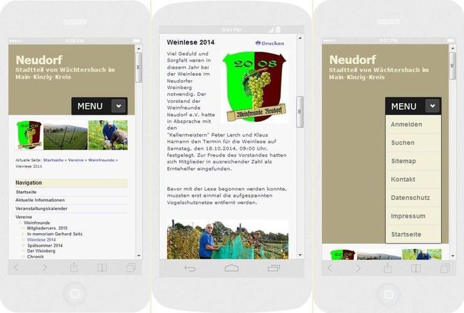 Website auf Mobiltelefonen (v.l.: iPhone 6, Nexus 4, Top-Menü auf iPhone 6) Website auf Mobiltelefonen