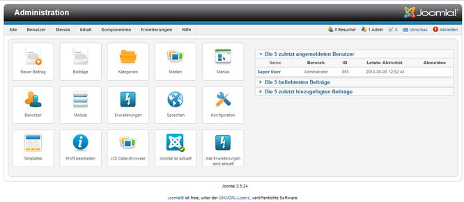 Administrationsoberfläche von Joomla! 2.5 Administrationsoberfläche von Joomla! 2.5