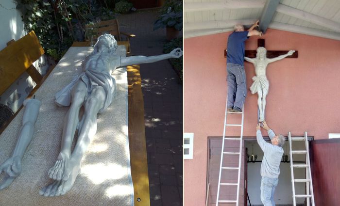 Christusfigur: Zusammenbau nach Restauration (links), Anbringung an der ehemaligen Trauerhalle (rechts) Christusfigur nach Restauration