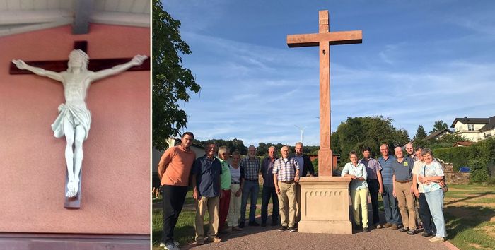 Die Christusfigur restauriert und am neuen Platz an der ehemaligen Trauerhalle (links), das Sandsteinkreuz nach den Verschönerungsarbeiten im alten Friedhofsteil (rechts) Christusfigur und Sandsteinkreuz nach der Restauration 2019
