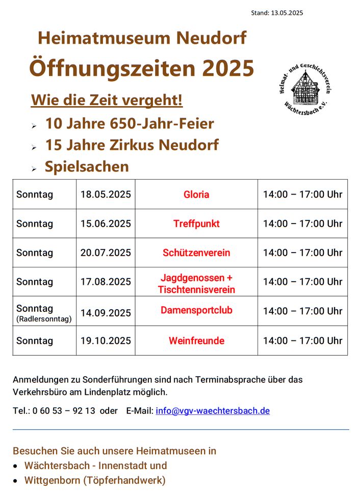 Öffnungszeiten des Heimatmuseums Neudorf 2025