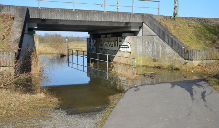 Durch den Rückstau des Biberdamms überschwemmte Unterführung (Aufenauer Seite)