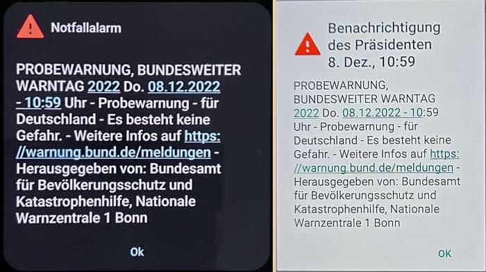Notfallalarm per Cell Broadcast auf zwei verschiedenen Smartphones Notfallalarm per Cell Broadcast auf zwei verschiedenen Smartphones