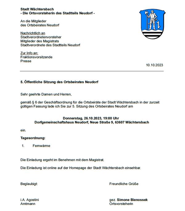 Einladung Ortsbeiratssitzung am 26.10.2023 Einladung Ortsbeiratssitzung am 26.10.2023