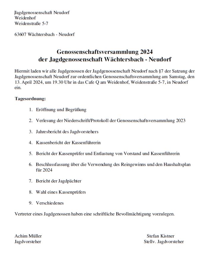 Jagdgenossenschaft Neudorf: Einladung zur Genossenschaftsversammlung 2024 Jagdgenossenschaft Neudorf: Einladung zur Genossenschaftsversammlung 2024